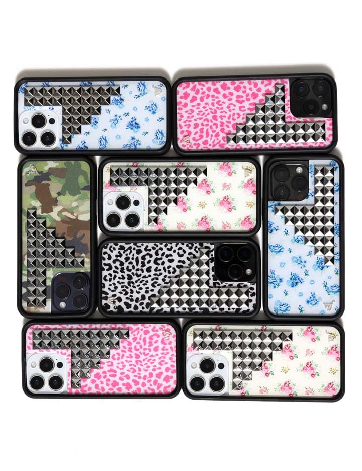 Image of Wildflower Cases - Compatible with iPhone 16 Pro Max | Protective Black Bumper, 4ft Drop Certified, Women Owned Small Business | White Leopard Original Silver | Stud Pyramid Collection - Snow Meow