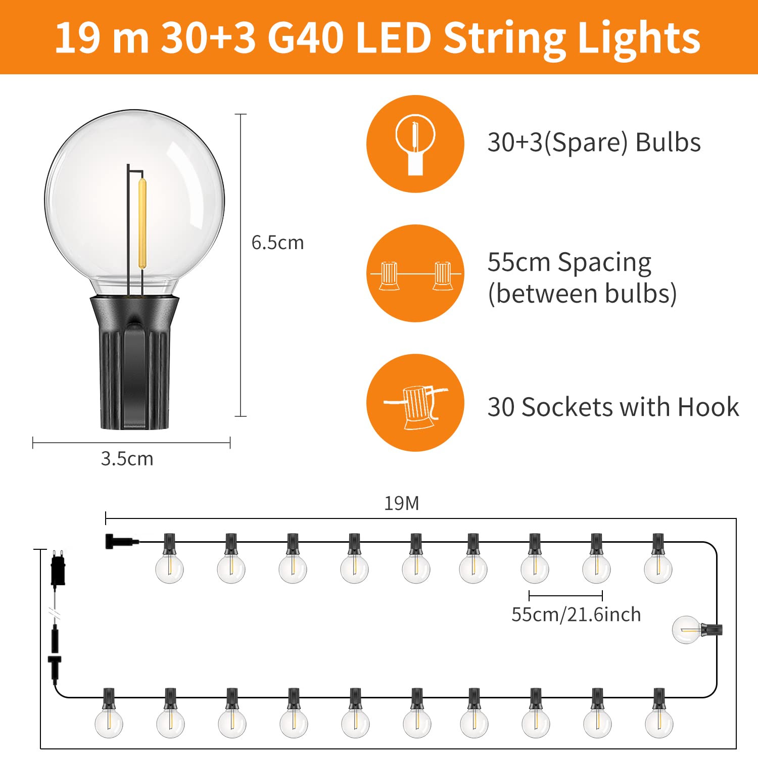 63FT Catena Luminosa Esterno, G40LED Luci da Esterno Giardino, 19M Luce da Giardino Impermeabile 30+3 Lampadine di Ricambio Decorazione per Esterni/Interni-Natale/Giardino/Matrimonio/Festa/Caffè