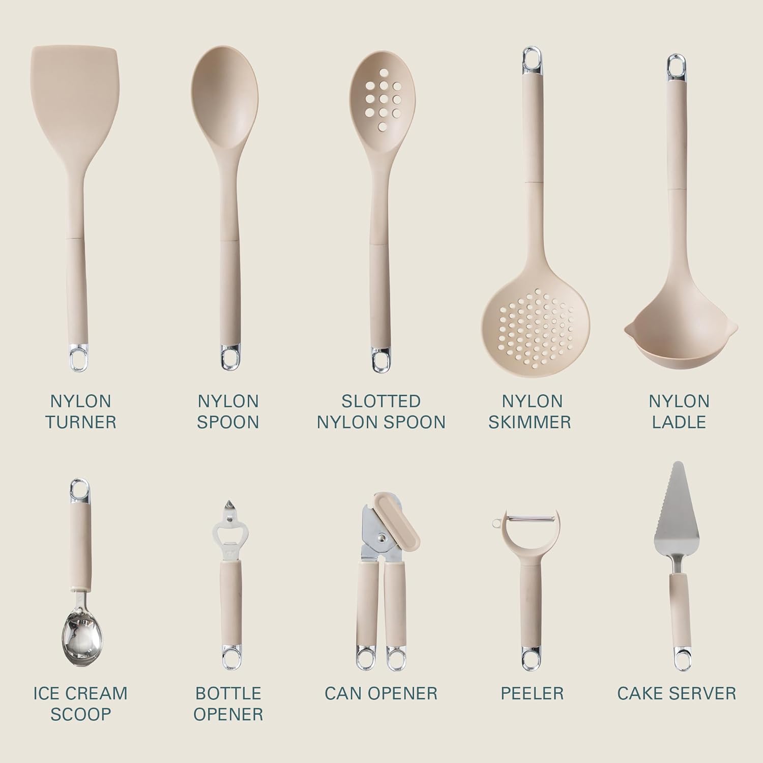 Gibson Home 20-Piece Kitchen Gadget & Tool Set – Nylon Cooking Utensils Spatulas, Ladle, Skimmer, Serving Spoons, Measuring Cups & Spoons, Can Opener, Peeler, Ice Cream Scoop & More