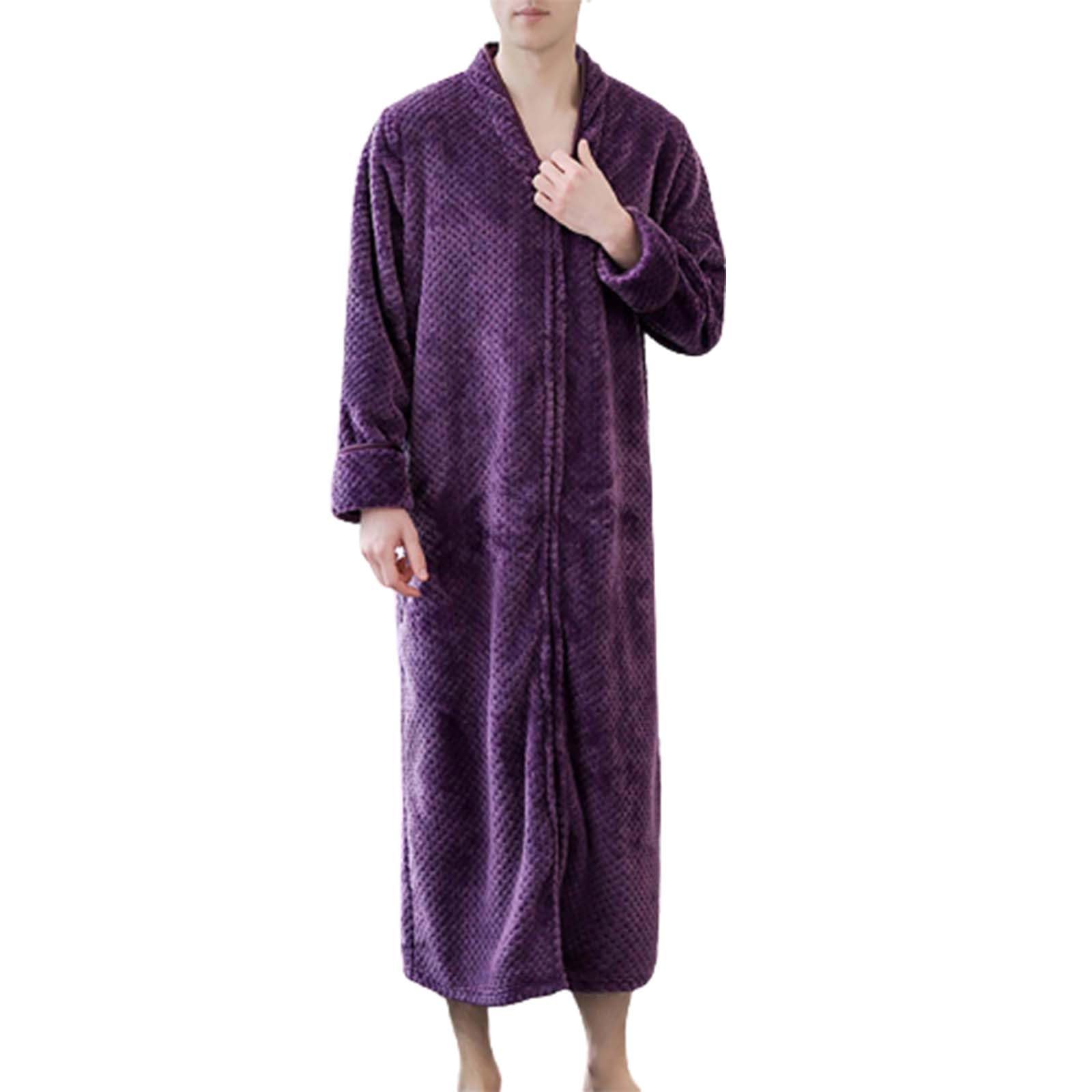 Accappatoio da donna con cerniera, leggero M-XL, vestaglia taglie lunga in pile | Pigiama da donna con scollo a V, con tasche, tinta unita, delicato sulla pelle