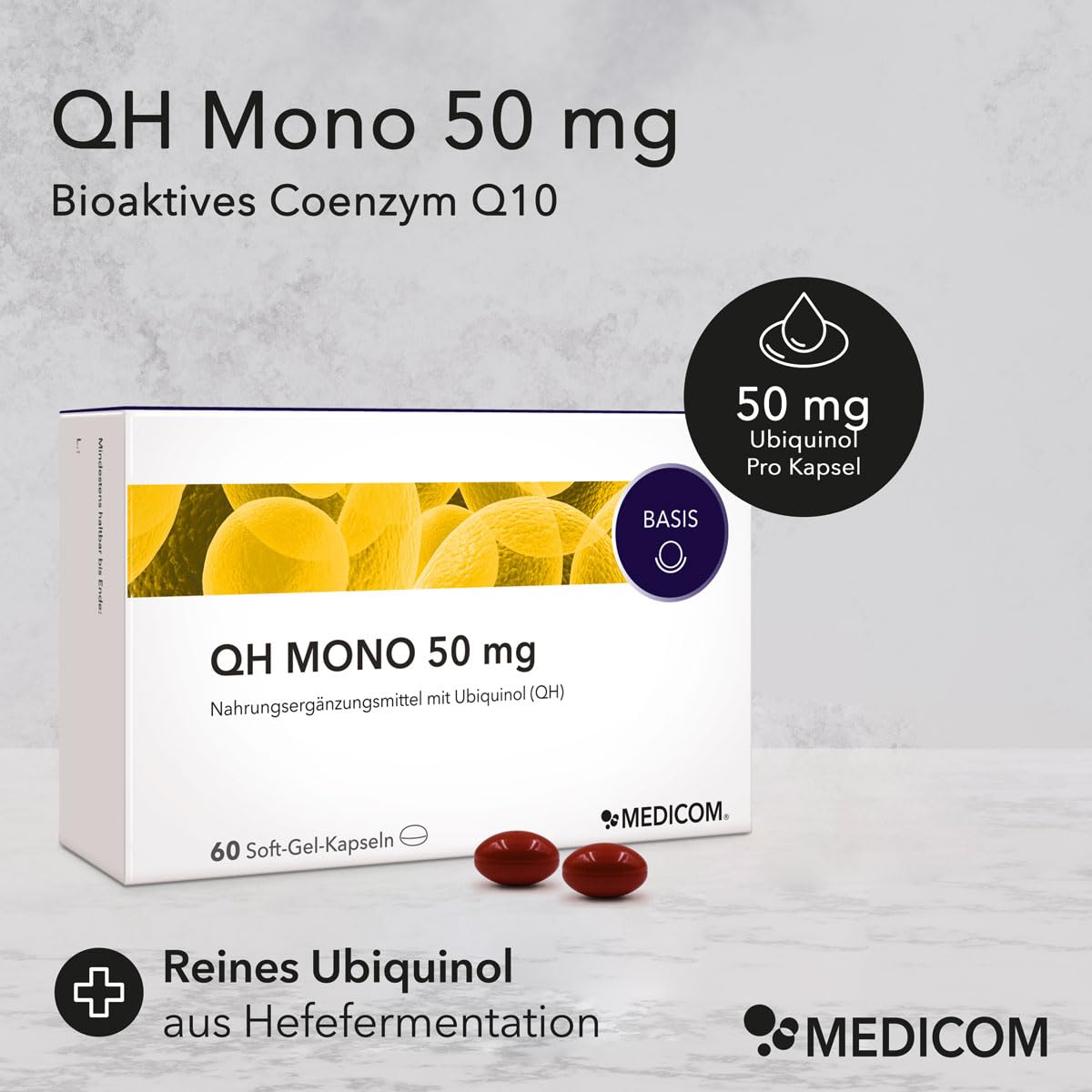 Medicom - Ubiquinol Kaneka QH, QH Mono 50 mg pour l'énergie et la protection cellulaire, soutien professionnel du coenzyme Q10 - 60 gélules de gel doux