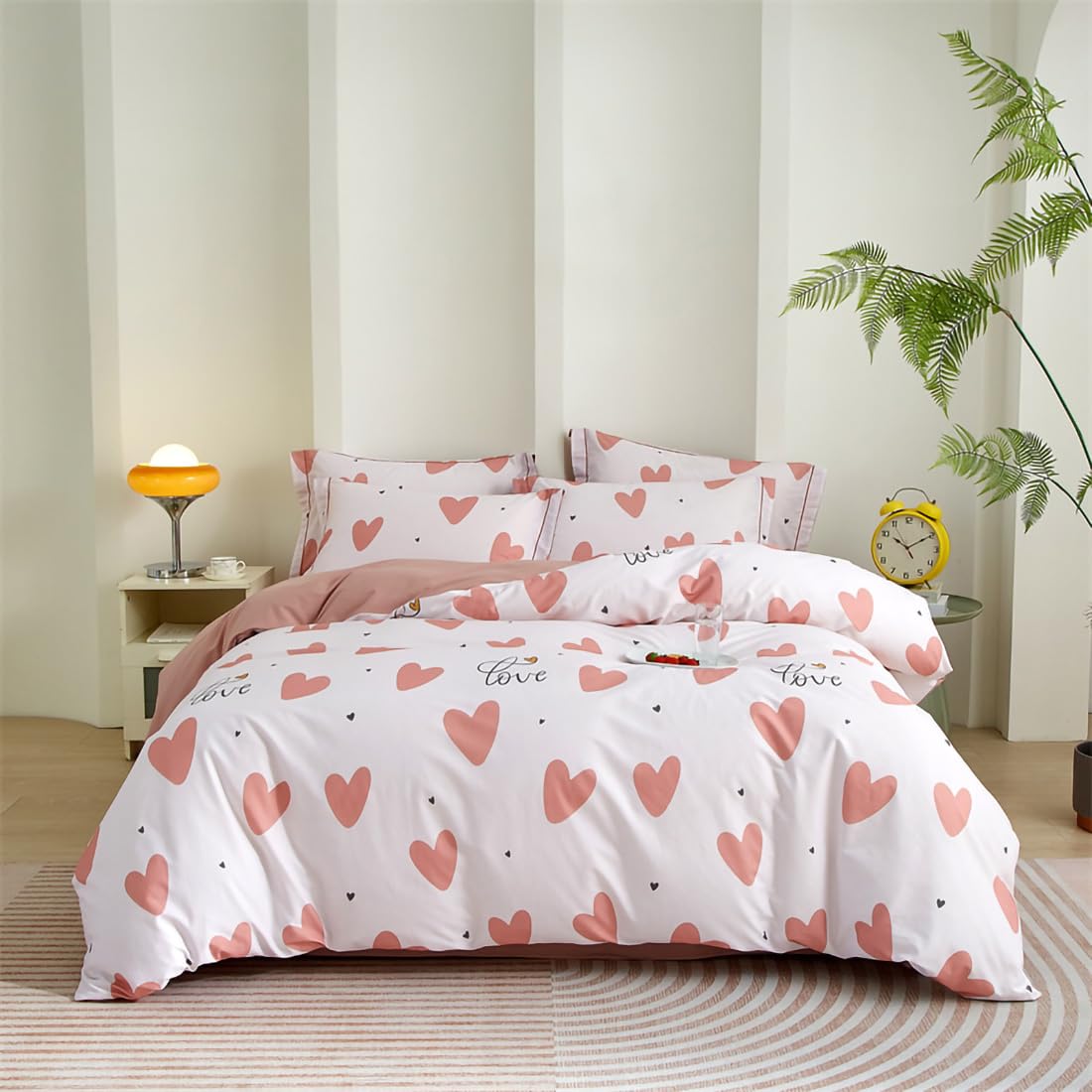 Housse de Couette 280x240 Coeur Parure de Lit Adulte en Microfibre Rose