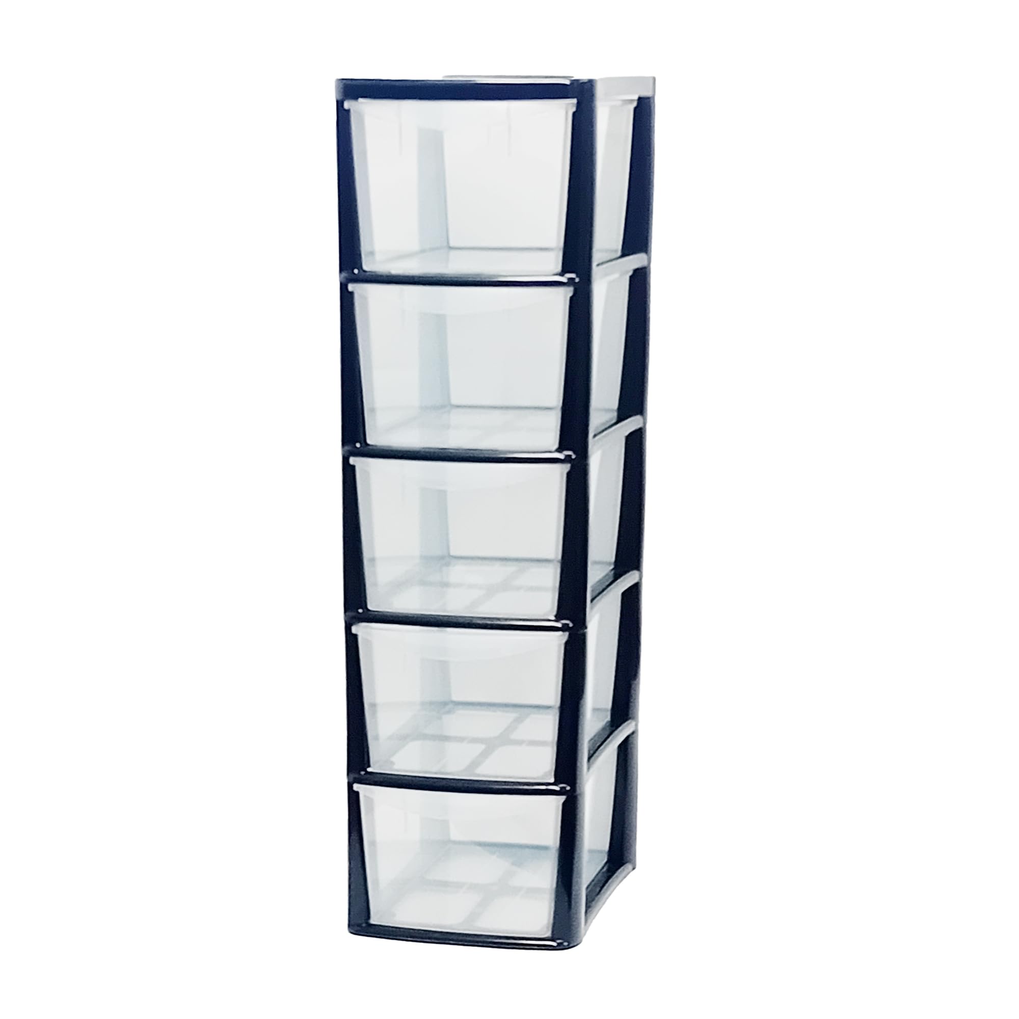 KYY'Z Rattan Effect Drawer Plastic Storage Organizer- Multipurpose Storage Drawer Unit Home Kitchen Office School Garage Bedroom Bathroom Stationery Toys 25Dx19Wx 78Hcm (Black/Clear, 5 Tier)