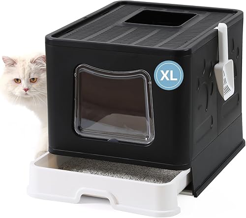 Bolux Caja de arena plegable para gatos con tapa, caja de arena extra grande con cuchara de arena para gatos, tipo cajón, bandeja de arena para