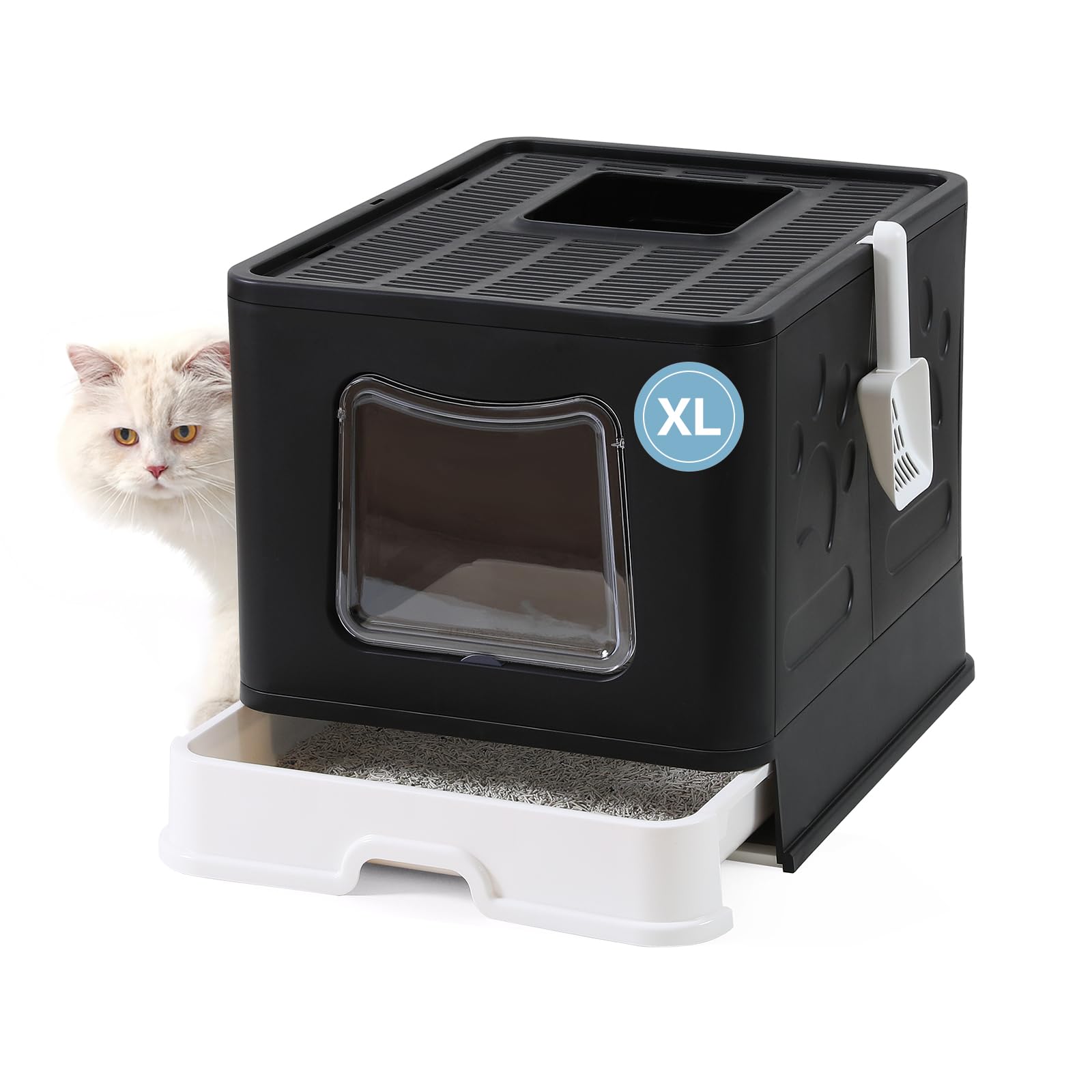 Bolux Foldable Cat Litter Box with Lid, Extra Large Litter Box with Cat Litter Scoop, Drawer Type Cat Litter Pan Easy to Scoop & Low Tracking (Black XL)