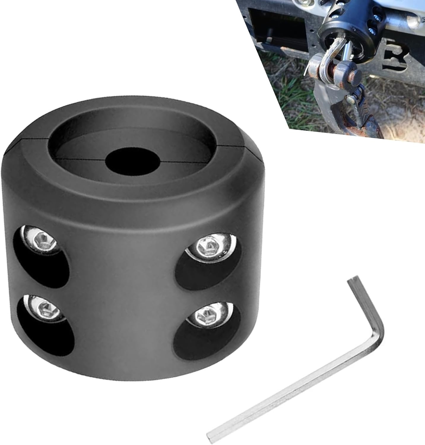 Winch Hook Stopper, Shock Absorbing Buffer for Wire & Synthetic Rope, Line Hook Plug with Stainless Steel Allen Wrench and Screws Nuts, Universal Cord Protector for ATV UTV Truck (Black)