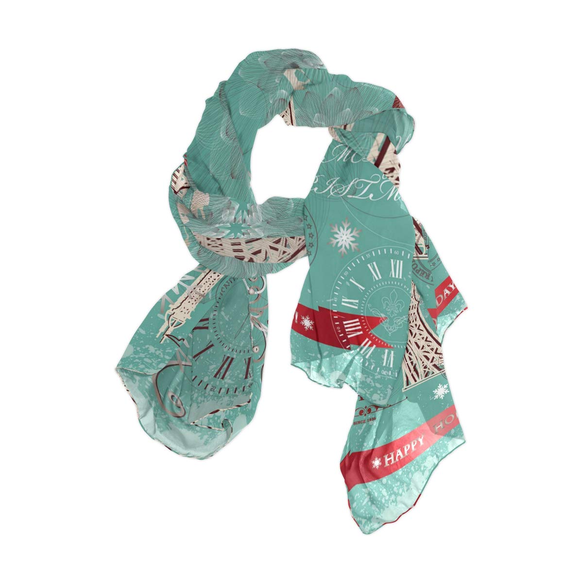 Linomo Women's Multicoloured Chiffon Silk Large Scarf Winter Christmas Paris Eiffel Tower Long Shawl Wrap Silk Like Scarf