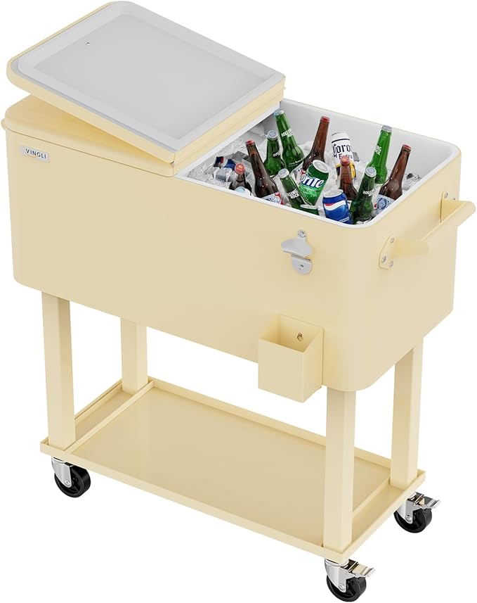 VINGLI 80 Quart Rolling Ice Chest, Portable Patio Party Bar Drink Cooler Cart, with Shelf, Beverage Pool with Bottle Opener