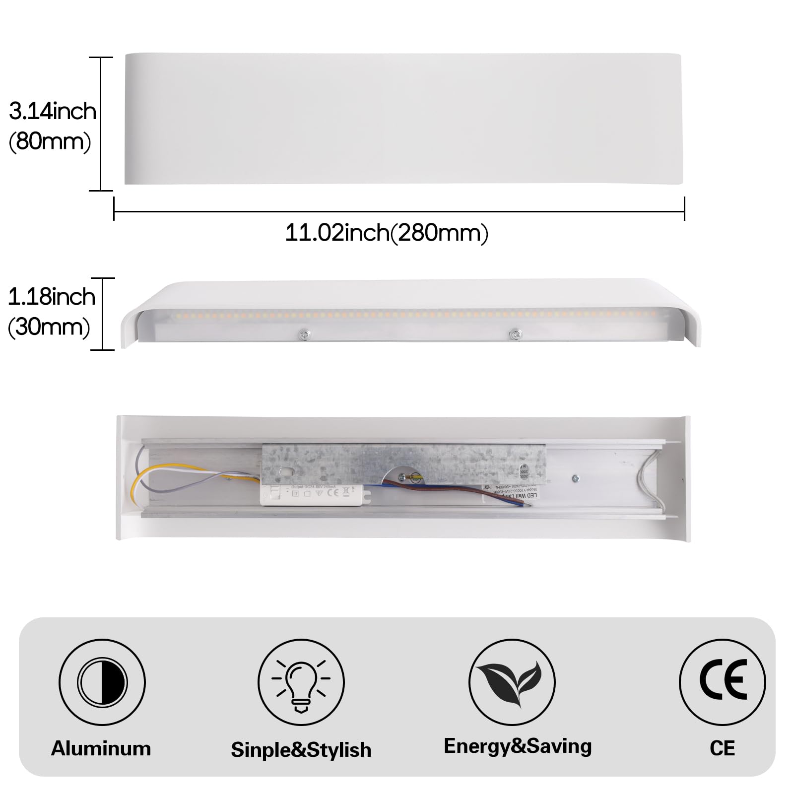 YCZM Applique da Parete Interno 18W,Lampada LED Parete Interni 3000K/4000K/6500K Temperature a tre colori opzionale,Applique LED da Parete Interno 28CM 2160LM,Lampada a Muro 4 Pezzi Bianco