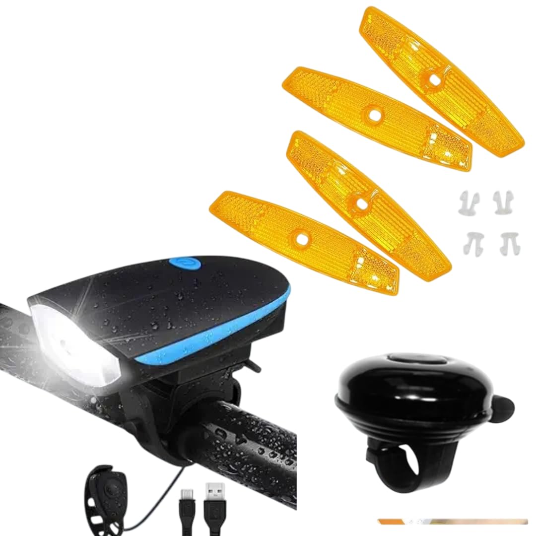 Bicycle Wheel Reflector & LED Light Combo – Orange Reflectors with Front White Handlebar Light, Rear Red Reflector & Hercules Bell | Easy Clip-On Installation, 4-Piece Safety Set-image-36