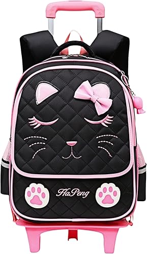 Mochila con ruedas para niñas, mochila escolar, con estampado de cara de gato, equipaje de mano con ruedas, 2 Ruedas Negro, L, Estilo A -2 Ruedas