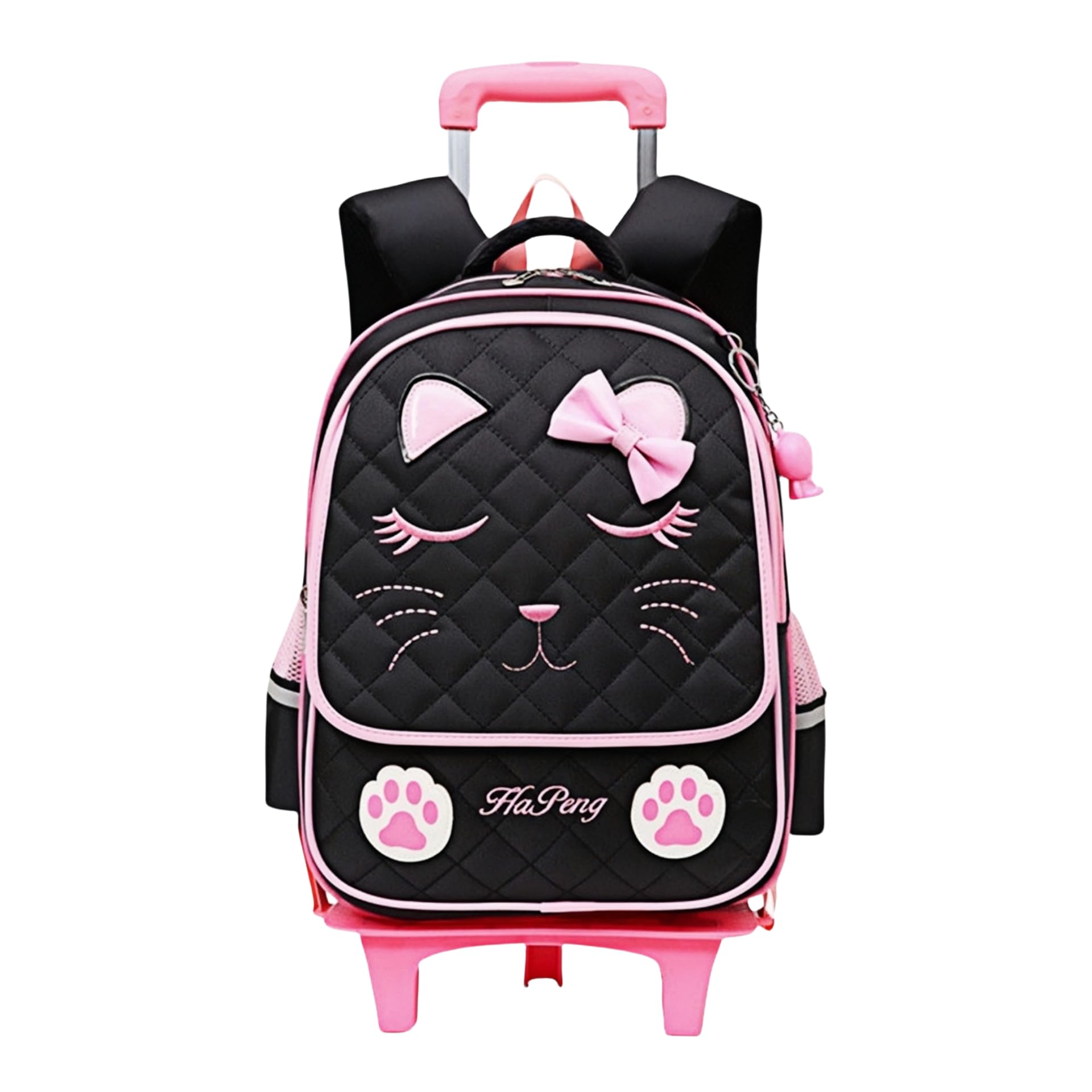 MITOWERMI Cute Rolling Backpack for Girls Trolley School Bags Cat-face Bowknot Girls Roller Backpacks with Wheels Kids Carry-on Travel Luggage Black-2