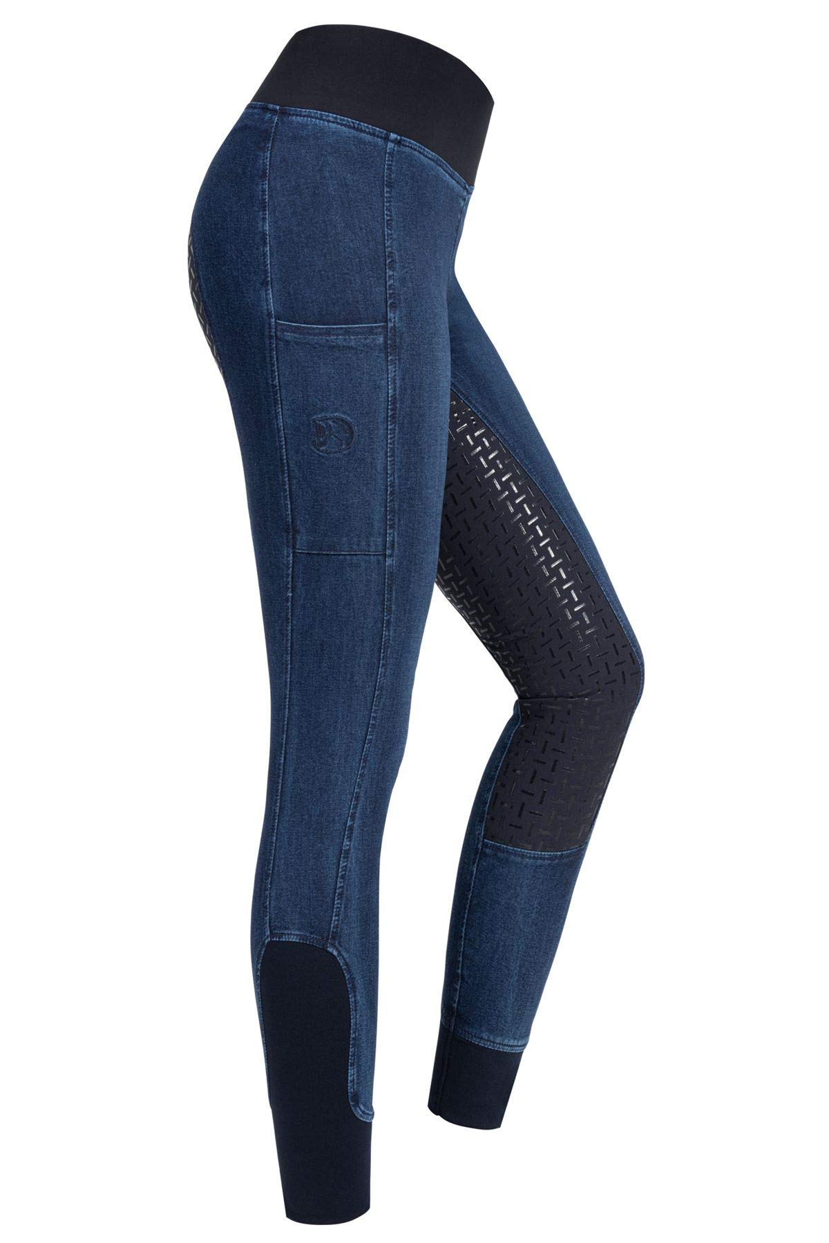 RIDERS CHOICE - Leggings de equitación de Mezclilla para Mujer con Relleno de Silicona y Bolsillo para teléfono móvil - Colección RidersDeal para Jinetes