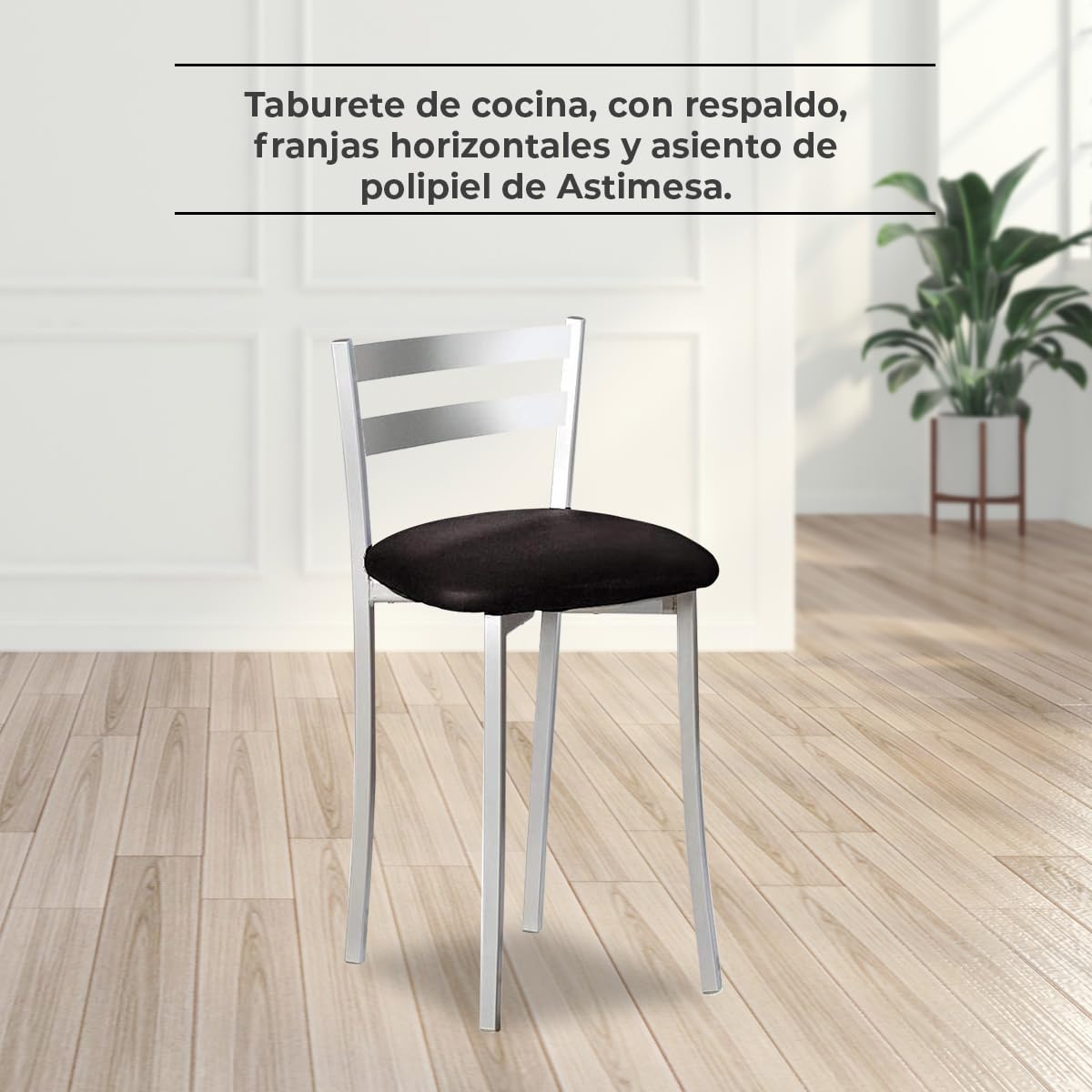 ASTIMESA Dos Taburetes de Cocina con Respaldo Franjas Metal Polipiel Negro, Altura de Asiento: 45 cm