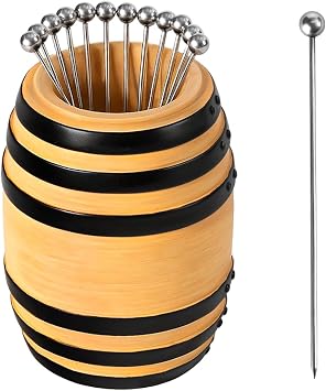 Lexenic Exclusive Cocktail Picks with Bar Ornament Barrel Holder, 4.3" 304 Stainless Steel Martini Skewers, Reusable Metal Toothpicks for Olives, Appetizers & Fruit, Gift - 12 Pack