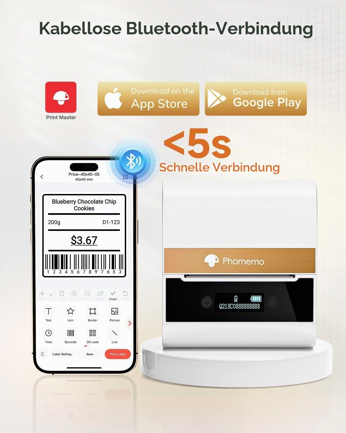 Phomemo M260 Etikettendrucker Selbstklebend, Thermo Etikettendrucker Bluetooth Etikettiergerät für Kleinunternehmen, Einzelhändler, Büros, Logistik und Lager, Kompatibel mit Handys & PC, Weiß