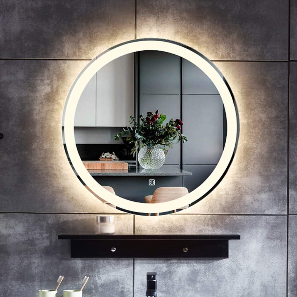 ミラー、LEDバスルームミラー、照明付きラウンドフレームレスウォールミラー、タッチスイッチ、Φ20インチ/24インチ/28インチ/3