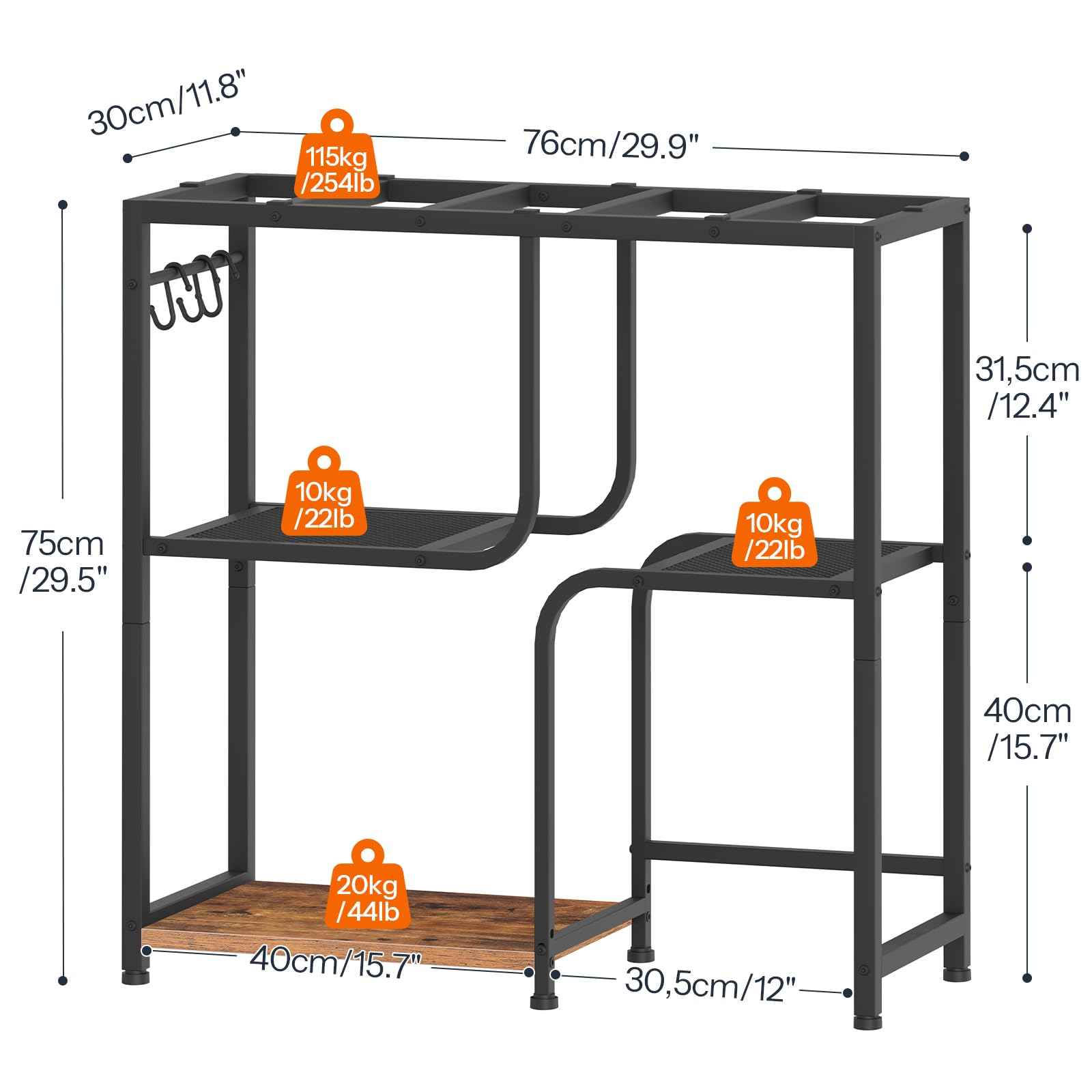 HOOBRO Support pour Aquarium de 76 L avec Tringle et 3 Crochets en S, Support pour Terrarium à 6 Pieds Réglables, avec 2 Étagères Grillagées et 1 Tablette, Chambre, Marron Rustique et Noir EBF74FT01