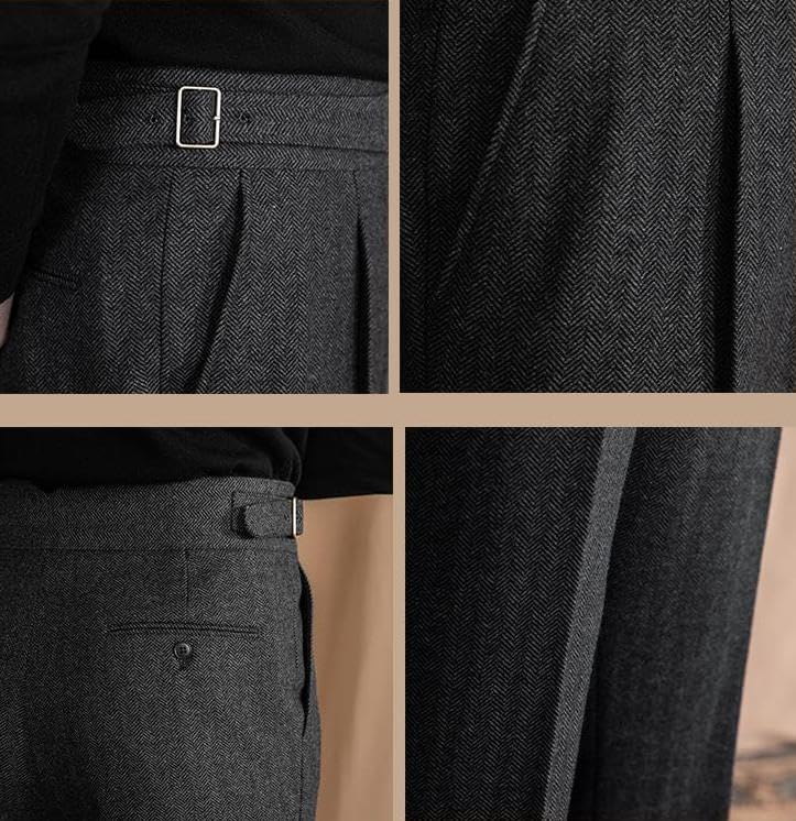 Men Trousers Vintage Tweed Blend Pants Herringbone Slim Fit Pleat-Front Pant - Image 4