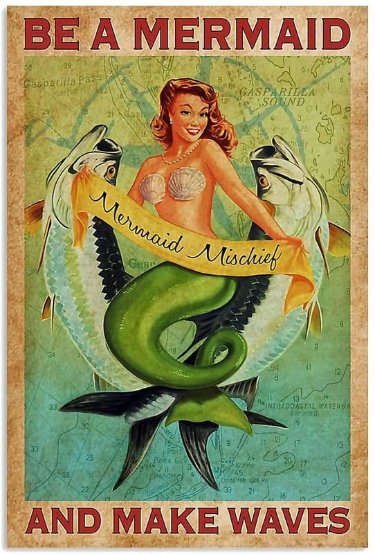 RIFOSA 12"x16" Vintage Metal Tin Signs Be A Mermaid And Make Waves Poster For Home Kitchen Bar Room Garage Wall Decor