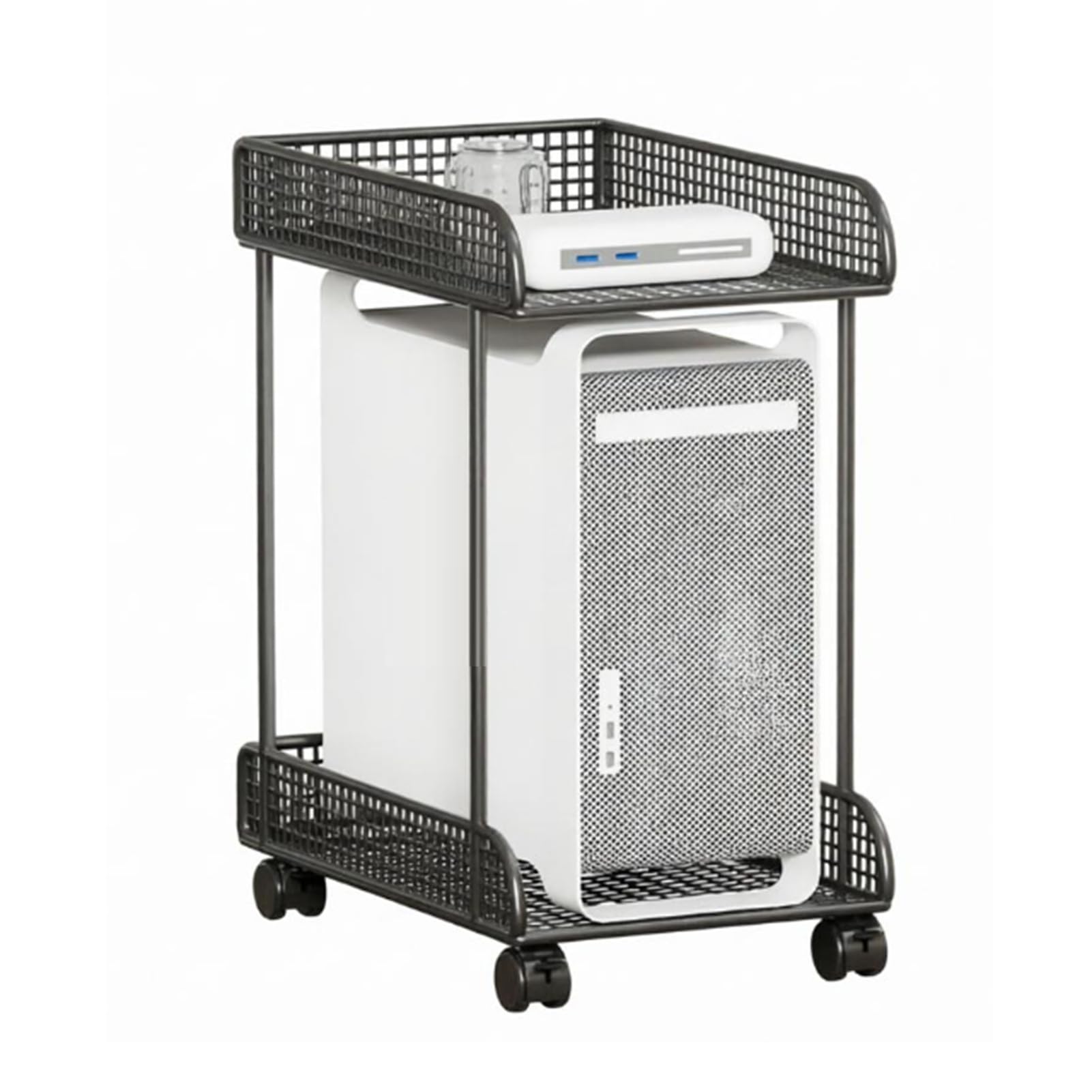 Soporte de CPU de 2 niveles con ruedas, soporte de torre de computadora de metal, carga máxima de 132 libras, diseño transpirable ventilado para juegos, oficina en casa