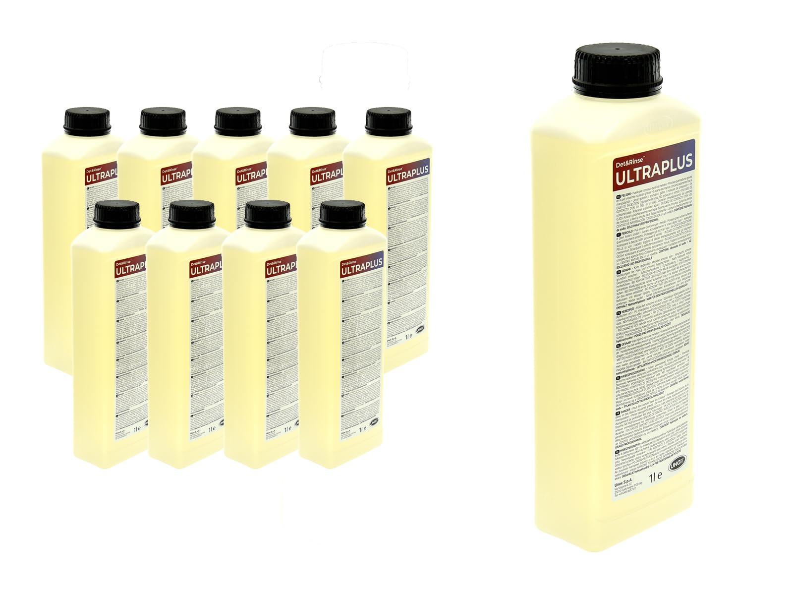 Detergente professionale per forno Unox DET&RINSE Ultra Plus, 10 × 1 l, per pulizia automatica, prodotto speciale per ammortizzatori combinati e forni ad aria calda Mind.Maps ChefTop BAKERTOP
