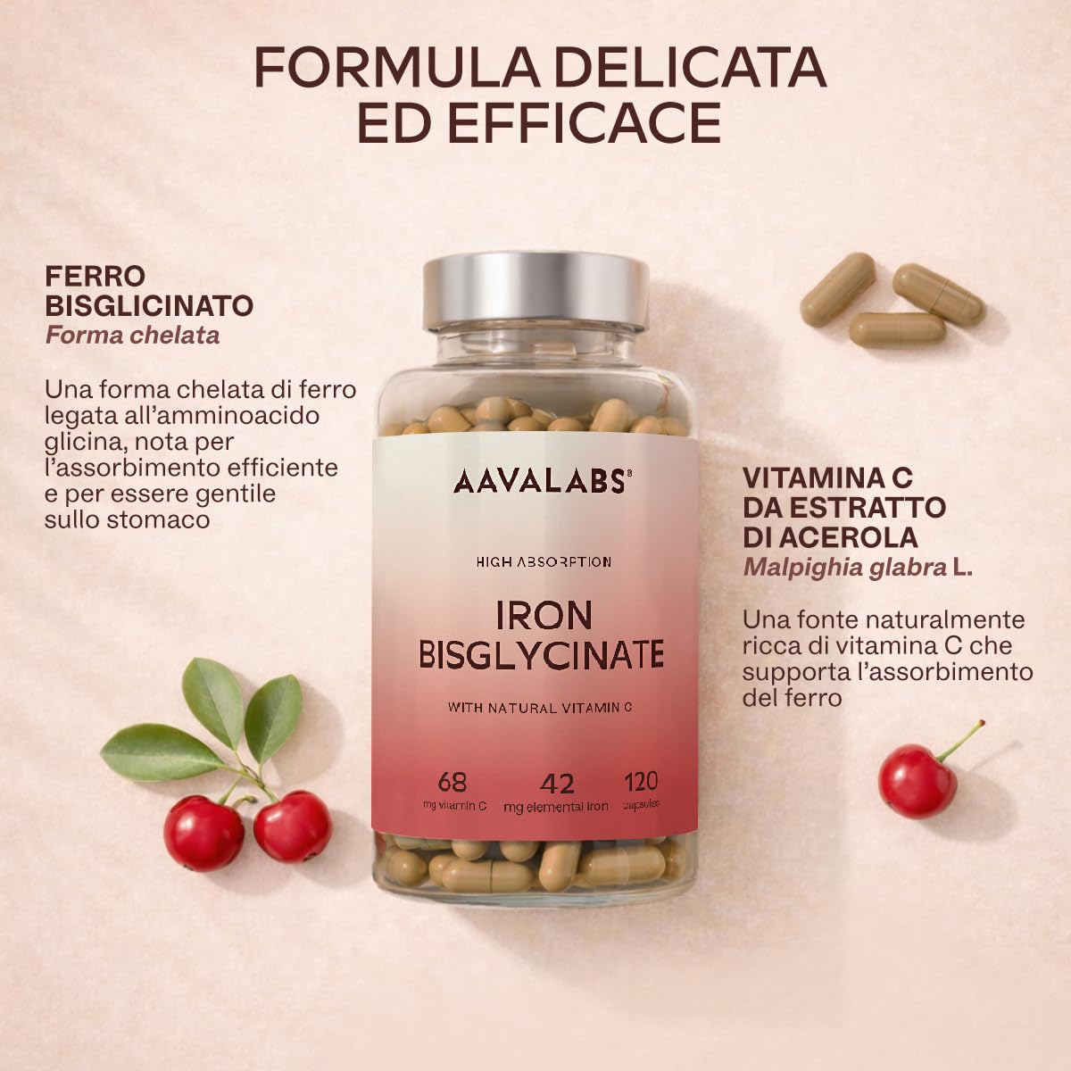 Integratore Ferro e Vitamina C Naturale - Ferro Bisglicinato 42mg Integratori Stanchezza Fisica e Mentale, Globuli Rossi, Sistema Immunitario - Ferro Integratore Forte Alto Assorbimento - 120 Capsule