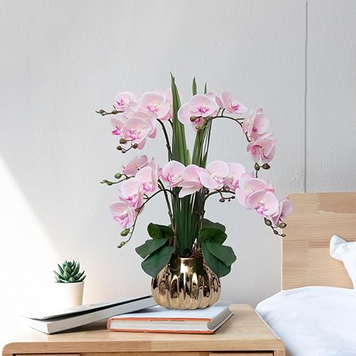Vista 79 de CXGS Plantas artificiales de orquídeas artificiales de tacto real, orquídeas falsas en jarrón de cerámica de 20.9 pulgadas, orquídea falaenopsis