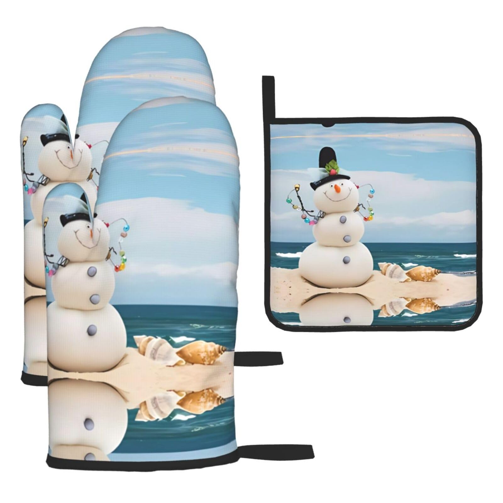 Snowman With Seashells Sitting On Sandy Beach (1) Printed Oven Mitt Set 3-Piece | Heat Resistant Gloves & Pot Holder Mat for Cooking, Baking & BBQ
