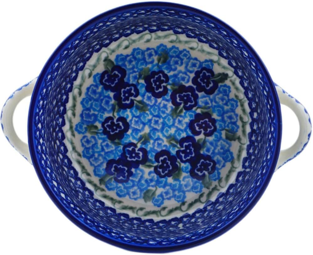 Polmedia Polish Pottery Round Baker with Handles - Blue Kiss Blooms Pattern Handmade in Boleslawiec Poland by Ceramika Bona + Certificate of Authenticity