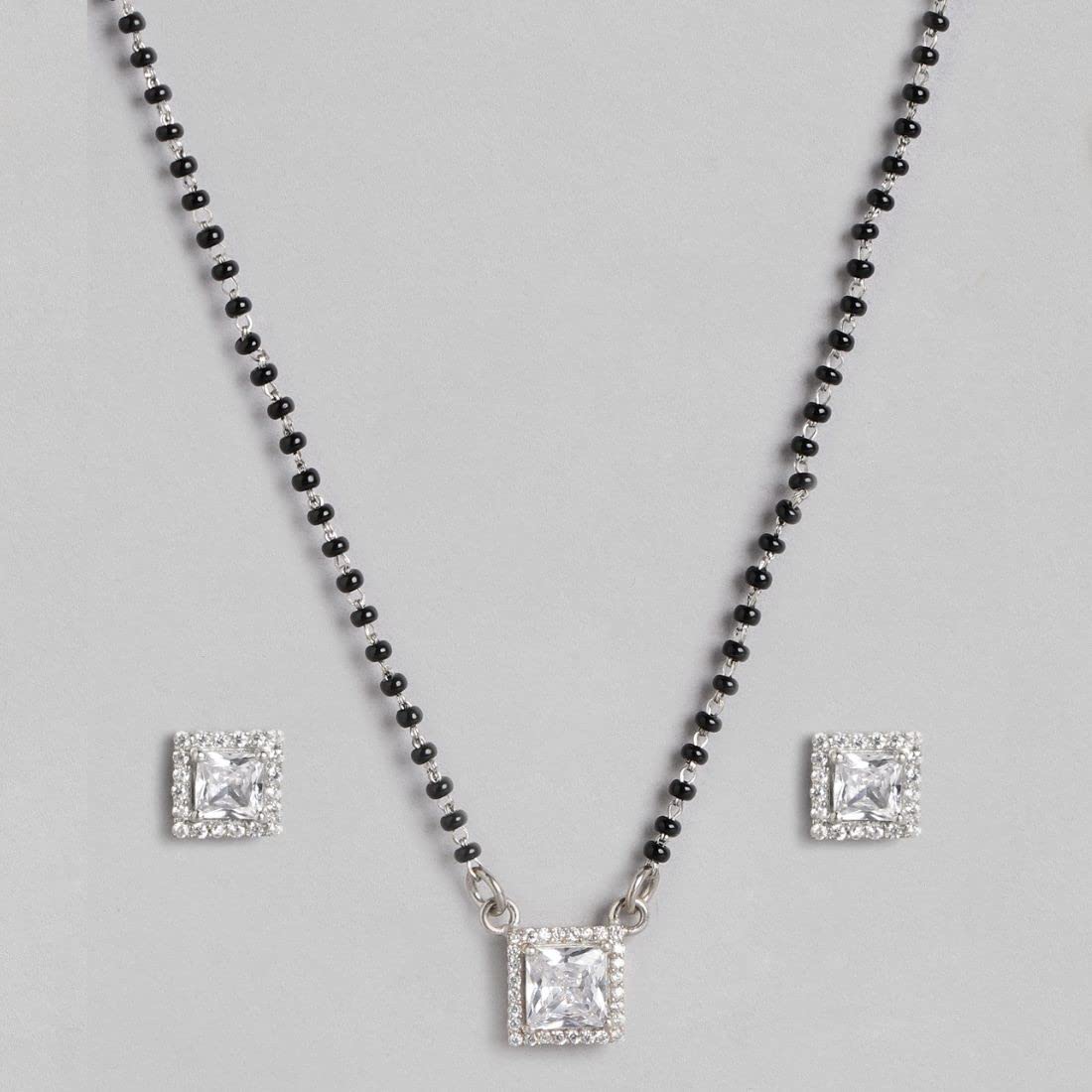 925 Sterling Silver Cubic Zirconia Mangalsutra Set with Stud Earrings