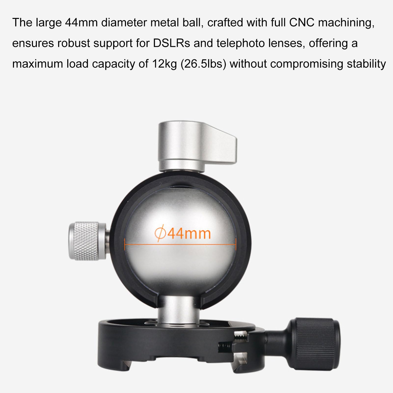 GOWENIC Testa a Sfera per Treppiede da 44 Mm, Testa a Sfera per Montaggio su Treppiede Panoramico per Fotocamera e Base Doppia Filettata con Piastra QR e Livella a Bolla, per Monopiede