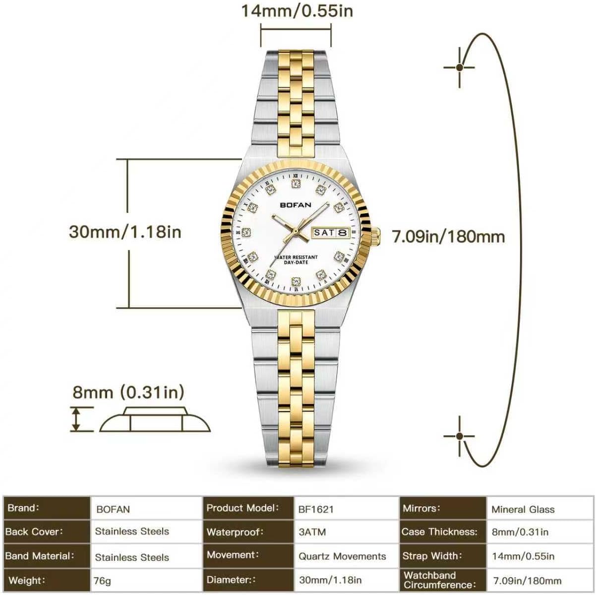 BOFAN Watches for Women Vintage Ladies Gold Watch with Luxury Diamond Dial,Date and Week Display,Stainless Steel Band,Waterproof.Adjustment Tool Included - Image 4
