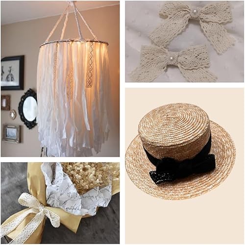 Miniatura 5 de Cinta de encaje beige de 12 yardas de algodón para costura, encaje de ganchillo para manualidades, envoltura de paquetes de regalo, decoración de