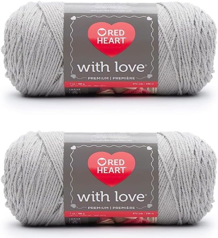 Red Heart with Love - Hilo gris claro, paquete de 2 unidades de 6.98 oz7 onzas, acrílico, 4 medianos (peinado), 370 yardas, tejidoganchillo