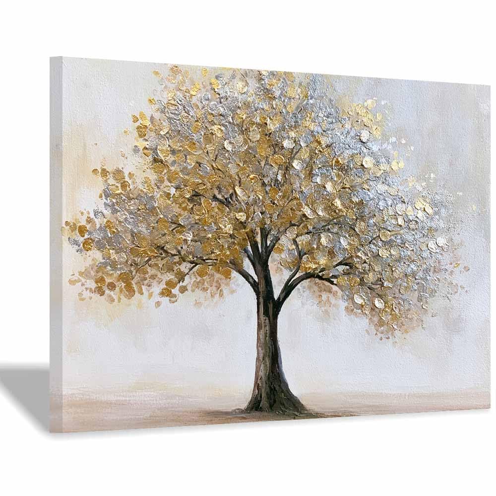 XENIOU Tree Wall Art Golden marble tree canvas painting wall art, Living Room Bedroom Hallway Stairs Decoration.(Multicolor)-70x100cm Framed