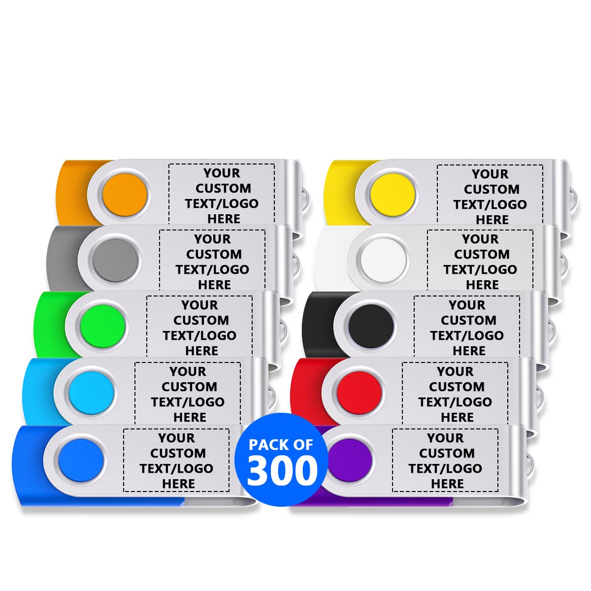 Paintechz Custom Swivel USB Flash Drives 300 Pack, Personalized Logo Bulk - as Corporate Gifts and Promotional Giveaways - 4GB