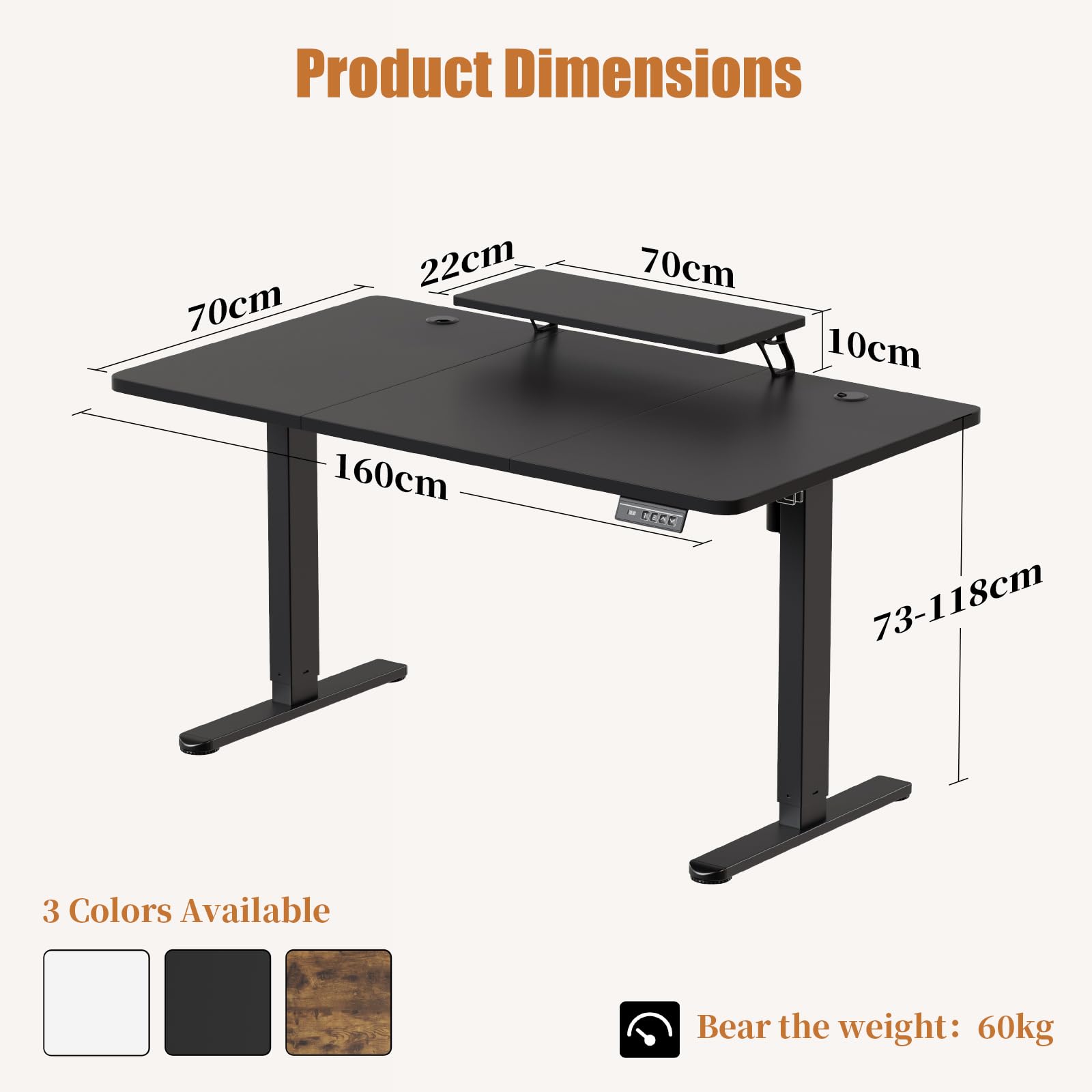 TRIUMPHKEY 160x70cm Scrivania Regolabile in Altezza,Ripiani per Monitor,Elettrica Scrivania per Computer con Funzione di Memoria,Standing Desk 73-118cm,Nero