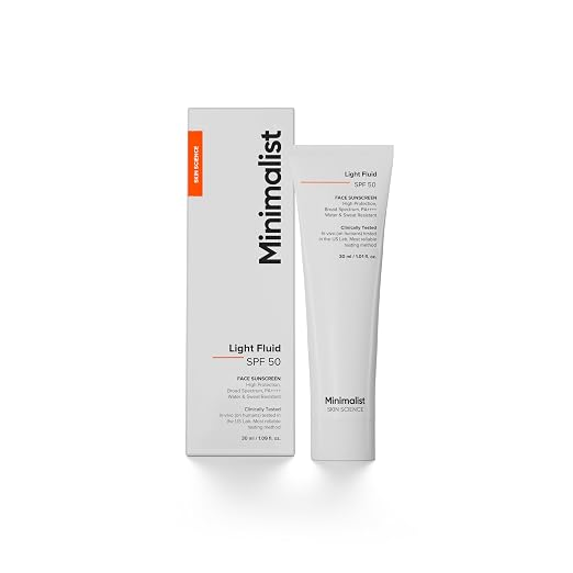 Minimalist Light Fluid Sunscreen SPF 50 for Oily Skin (PA++++) Clinically Tested in US No White Cast Broad Spectrum Lightweight, Water & Sweat Resistant For Women & Men 30ml