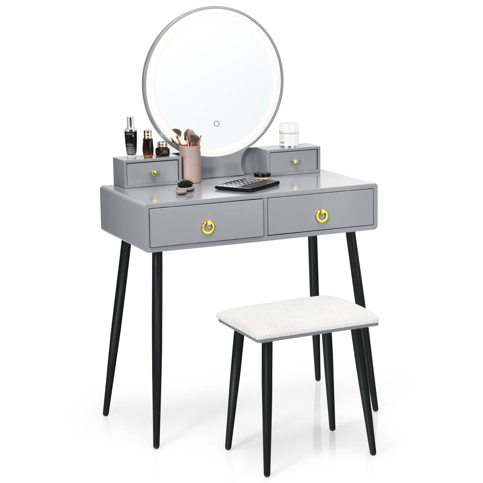 Byroce Vanity Desk Set with Lighted Mirror, Dressing Table with 3 Color Lighting Modes & 4 Jewelry Storage Drawers, Makeup Vanity Table with Cushioned Stool for Girl Women (Gray & Black)