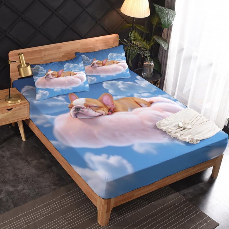 Miniatura 2 de Juego de sábanas de Bulldog Francés tamaño King, lindas sábanas de microfibra suave y bolsillo profundo, sábanas y fundas de almohada estampadas sin