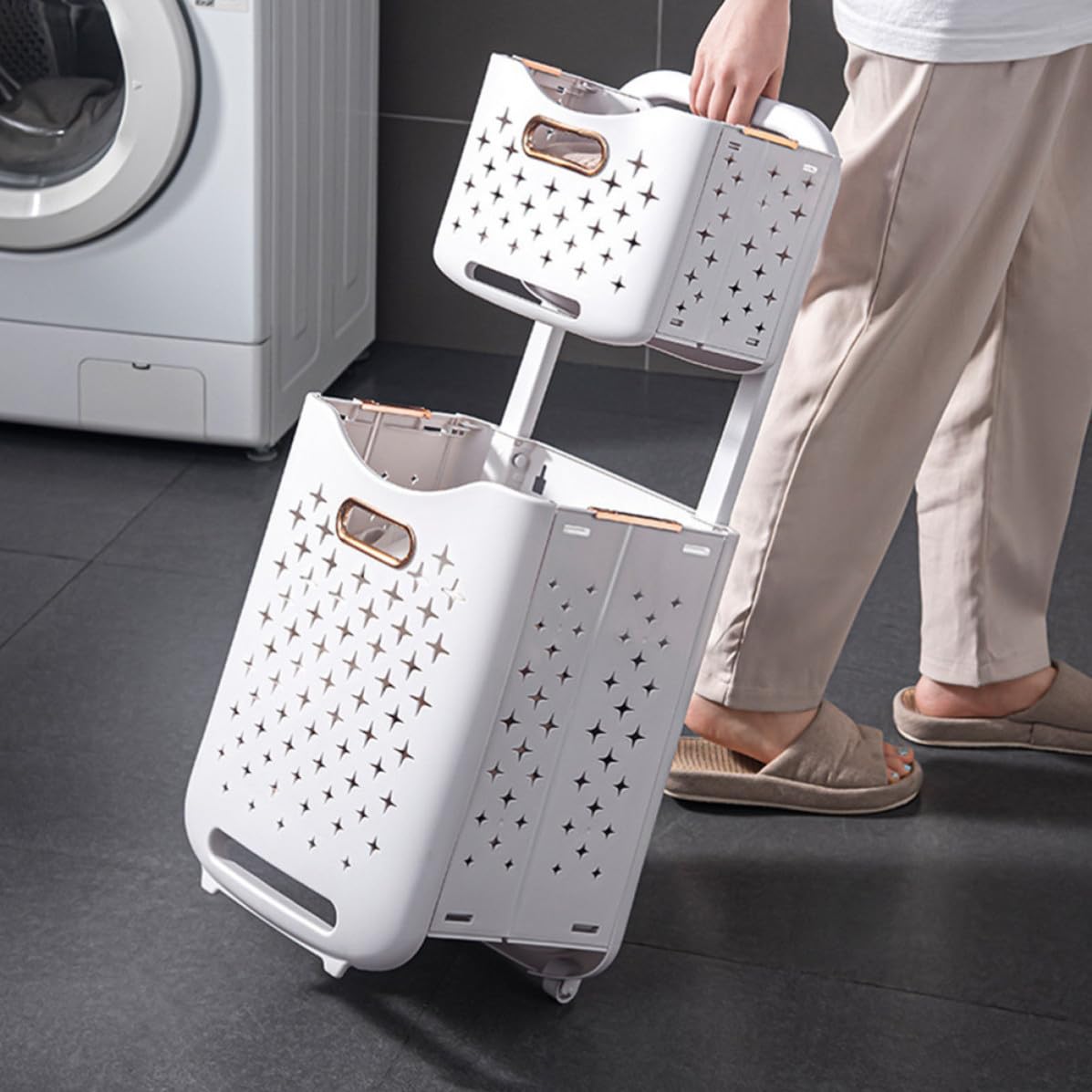 Cesto da Bucato Doppio Strato Pieghevole con Ruote in Plastica Bianco, Contenitore Salvaspazio per Riporre Abiti in Casa e Negozio