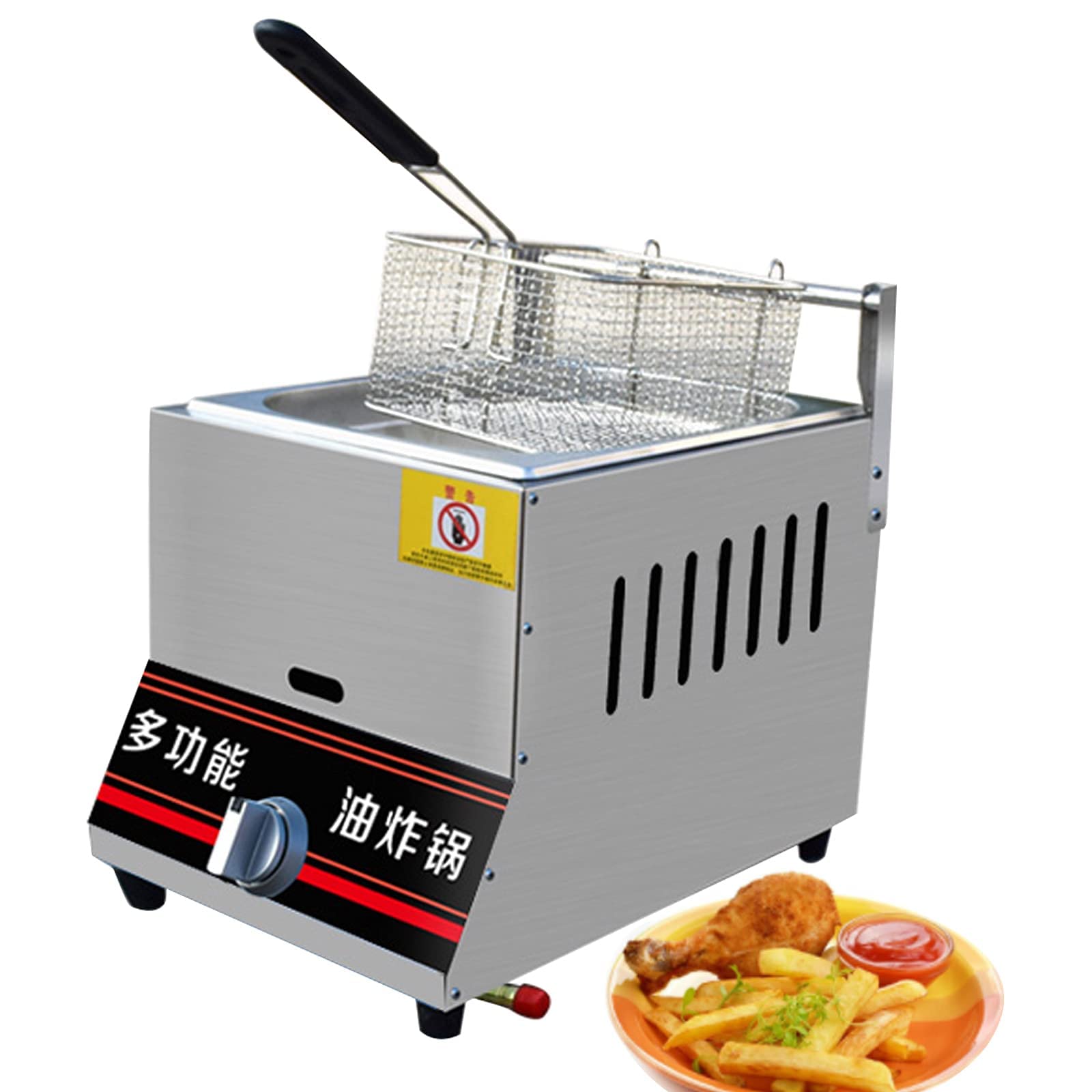 Gasfritteuse mit Korb und Deckel, Hähnchenchips-Fritteuse aus Edelstahl mit Metallrohr für gewerbliche Heimküche