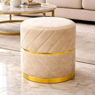 Dence Store Premium Velvet Puffy Ottoman Stool for Living Room | Round Footrest with Diagonal Channel Stitching & Gold Met... Price In India