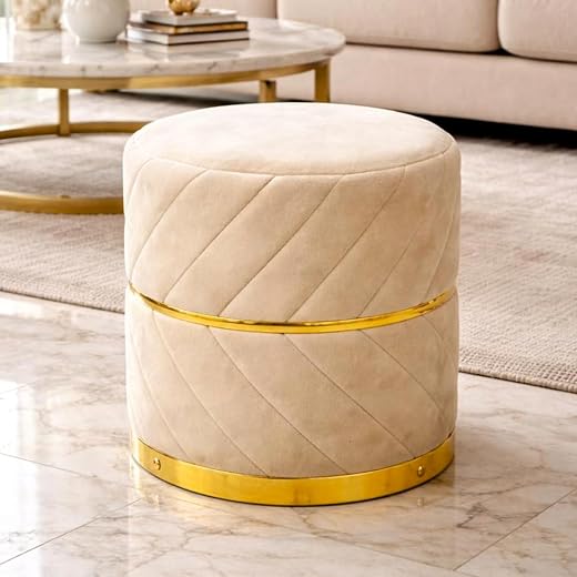 Dence Store Premium Velvet Puffy Ottoman Stool for Living Room | Round Footrest with Diagonal Channel Stitching & Gold Met...