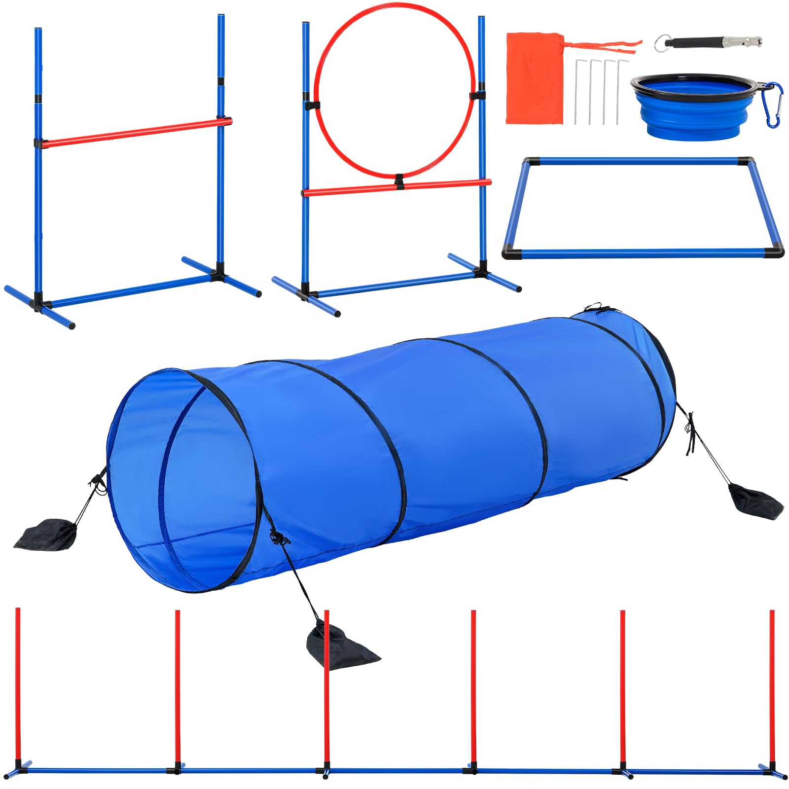 VEVOR Dog Agility Training Equipment, Dog Agility Course Backyard Set with Adjustable High Hurdles,6 Weave Poles,Tunnel,Jump Ring,Pause Box,Whistle,Foldable Bowl,Storage Bag, Puppy Obstacle Course Kit