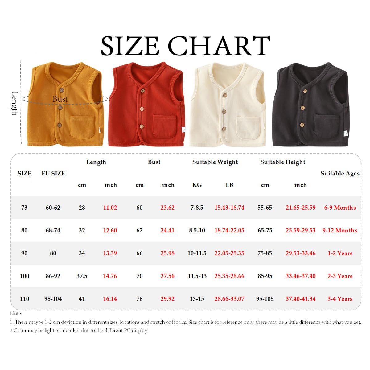 2 Pezzi Gilet Bambino in Cotone, Scollo a V Senza Maniche Tinta Unita Cardigan Bottoni con Tasche, Leggero Morbido e Caldo per Primavera e Autunno 6 Mesi-4 Anni