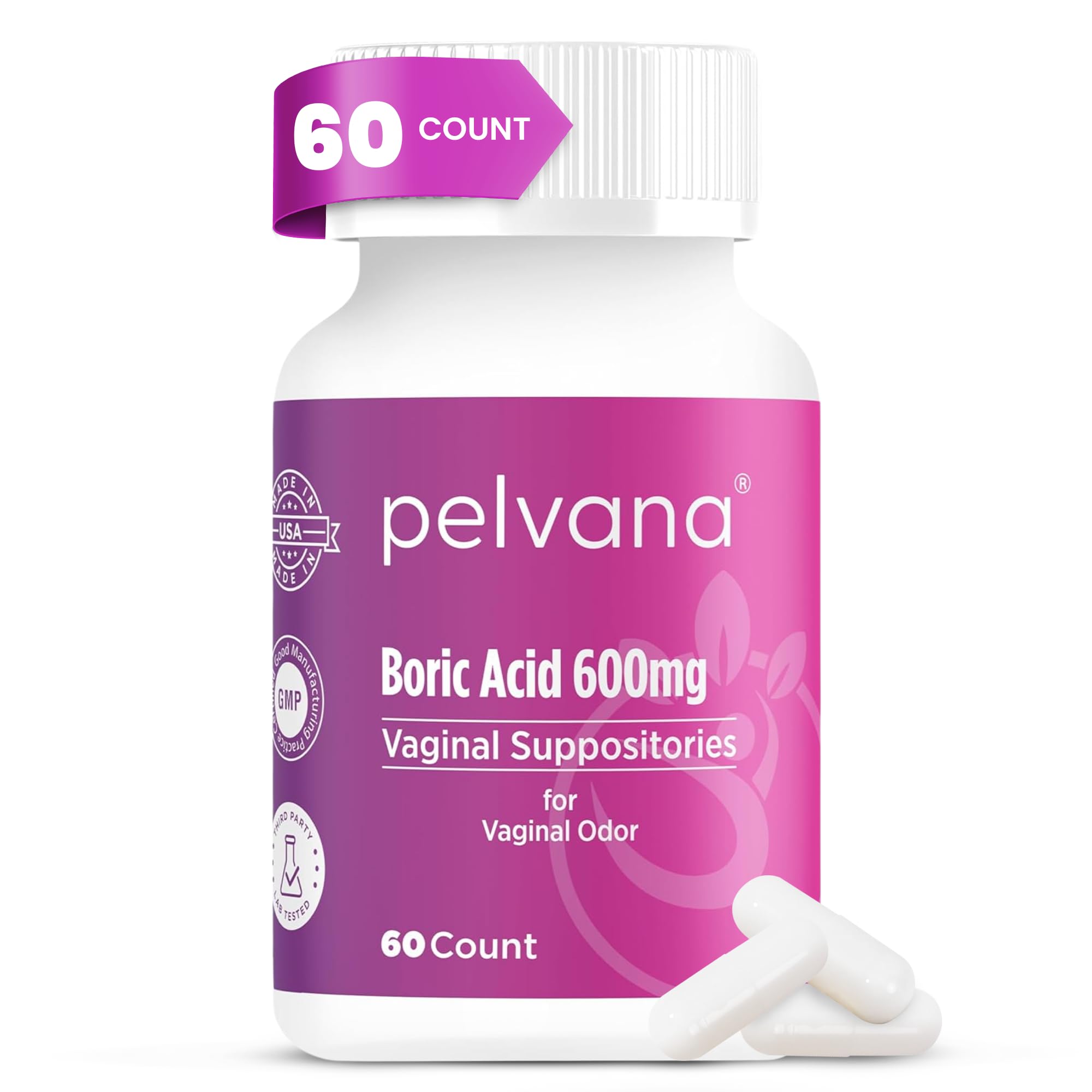 Pelvana Boric Acid Suppositories for Women 60 Count - for Vaginal Odor & Freshness, Feminine Hygiene & Wellness - Third-Party Lab Verified & Bottled in The USA - Feminine Health Odor Solution