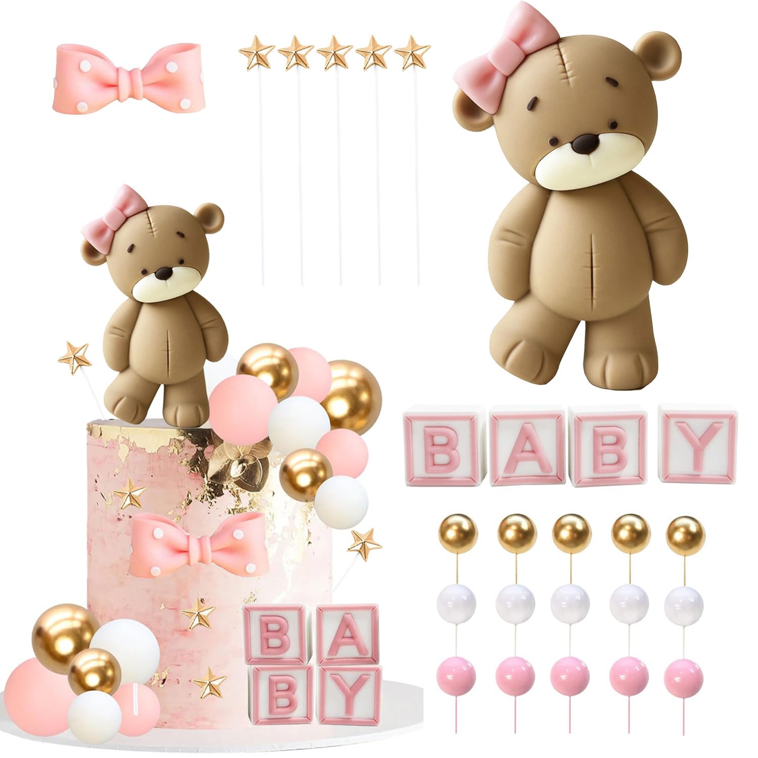 Gansdnek 23 Pcs Pink Bear Cake Decoration, Pink Teddy Bear Cake Decoration, Baby Bear Cake Decoration for Birthdays, Baby Showers, Gender Reveal Parties