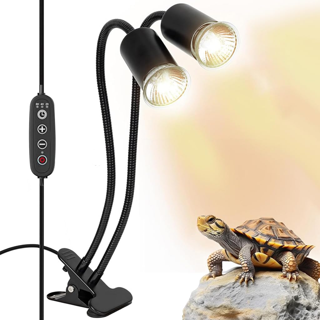 Qpets® Fish Tank Lamp Stand, Turtle Sunbathing Double Head Lamp Stand, Lizards Clamp Heat Lamp Stand with 3 Smart Timer Settings, Plug & Play Versatile Reptile Habitat Accessory - Not Included Bulb